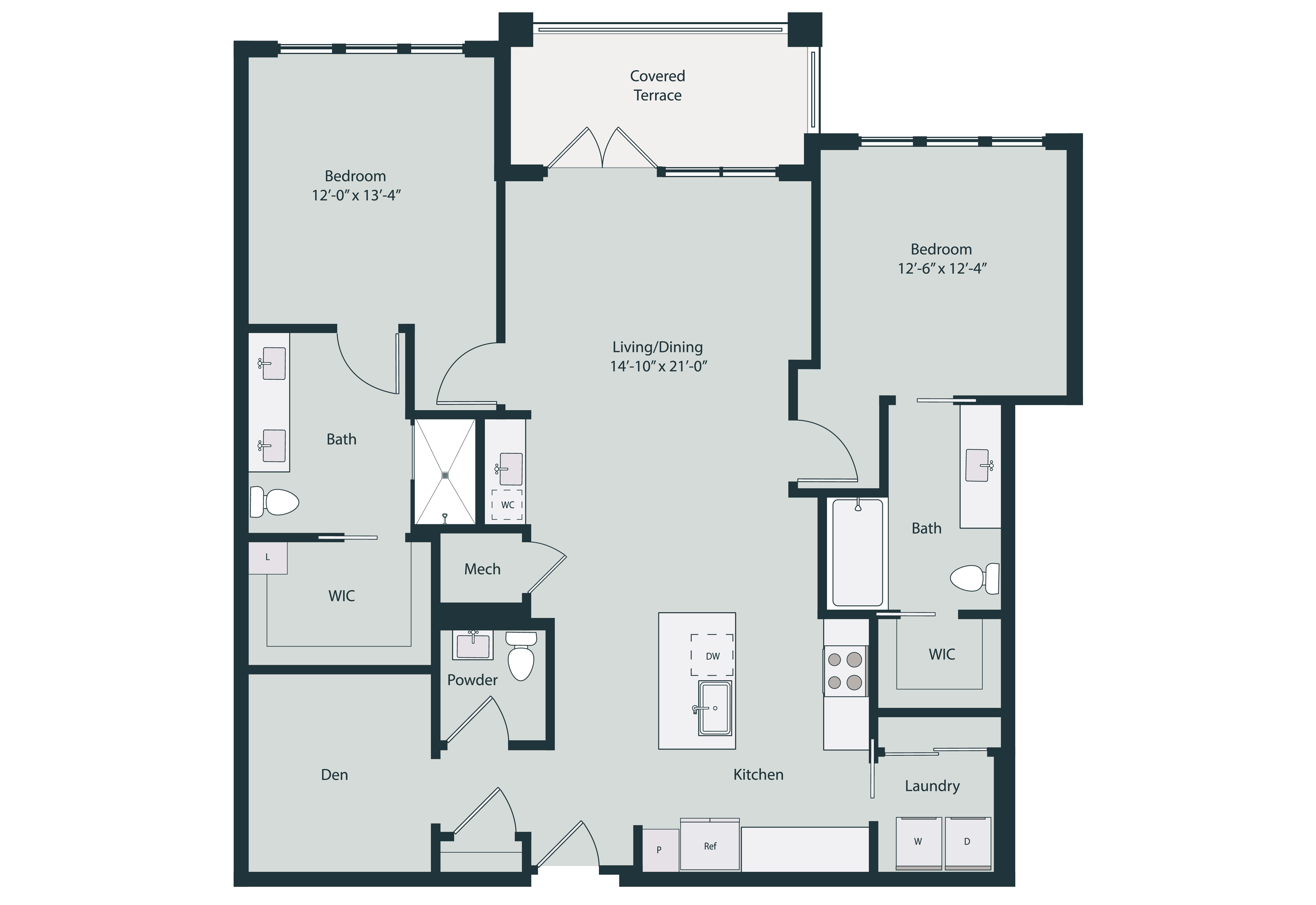 Floor plan for 2 beds, 2.5 baths, 1435 sqft